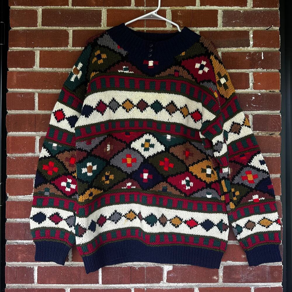 Vintage River Trader 100% Wool Fair Isle Grandpa Sweater Made in Hong Kong
